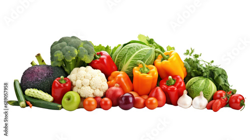 Seamless border consisting of colorful fresh vegetables and herbs. Isolated on transparent background  PNG file.