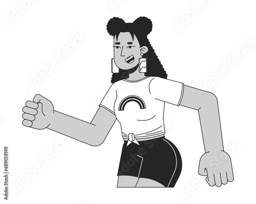 Cool latina girl sprinting running black and white 2D line cartoon character. Hispanic young female isolated vector outline person. 80s nostalgia fashion gen z monochromatic flat spot illustration