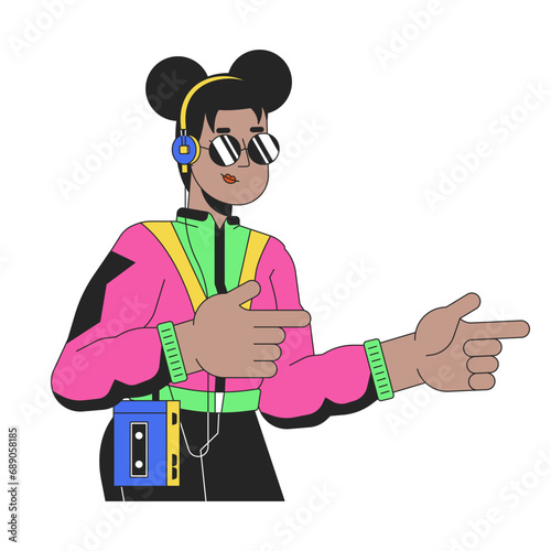 African american girl 90s fingers pointing cool 2D linear cartoon character. Black female sunglasses isolated line vector person white background. 80s nostalgia lifestyle color flat spot illustration