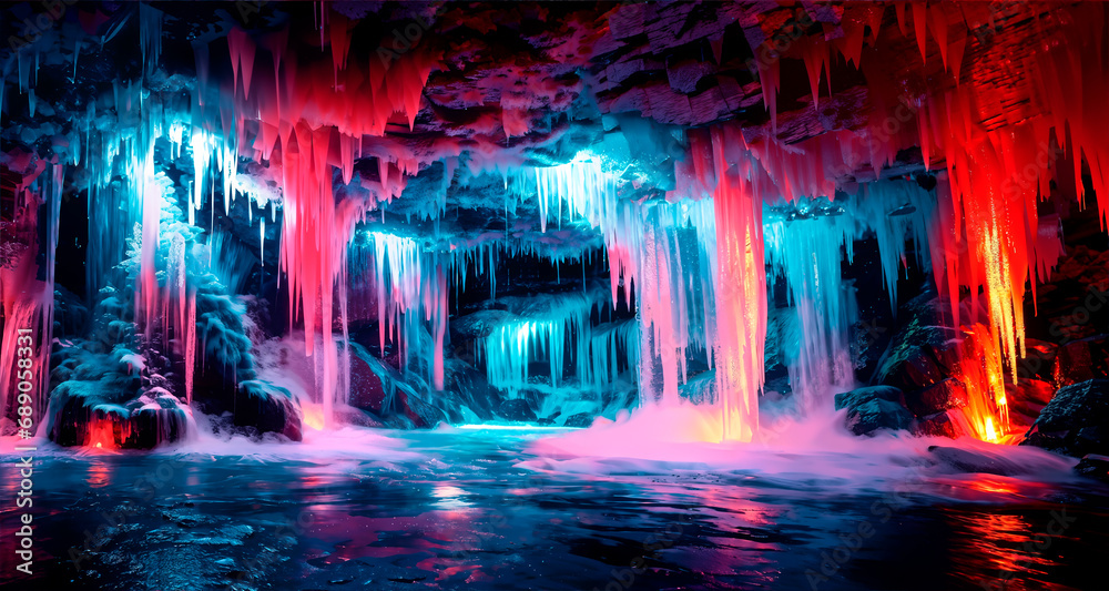 A cave with frozen waterfalls illuminated in red and blue. Generative AI.