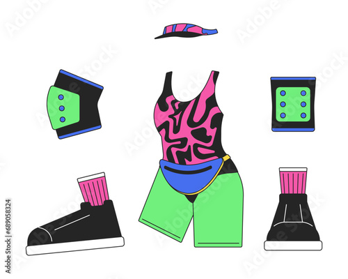 Roller skating outfit 80s 2D linear cartoon object. Knee pads, elbow pads, sun visor, leotard sport isolated line vector element white background. Retro clothes, footwear color flat spot illustration