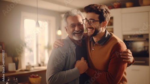 Adult hipster son fun hugging old senior father at home,2 man happy enjoy to living at home in father's day with love of family, two generations have a beard talking together and relaxing with smile
 photo
