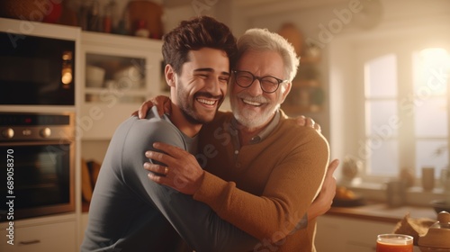 Adult hipster son fun hugging old senior father at home,2 man happy enjoy to living at home in father's day with love of family, two generations have a beard talking together and relaxing with smile
