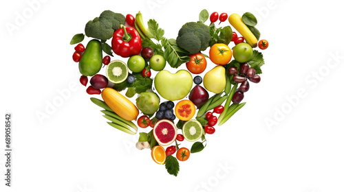 Abstract love hearts made from fresh vegetables and fruits. Isolated on clear background  PNG file.