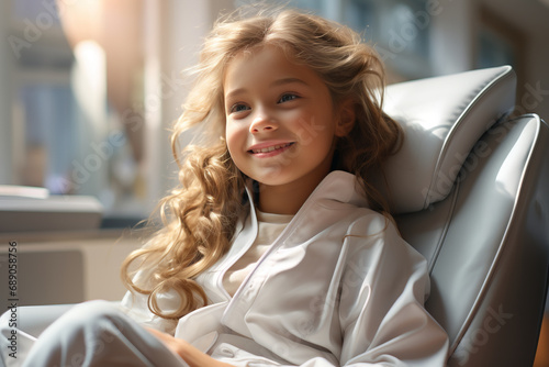 Little smiling girl sitting on dental chair. Professional stomatology for kid. Teeth healthcare photo