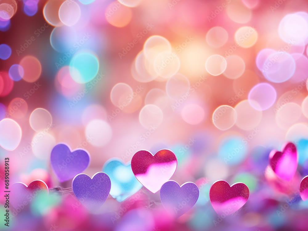 Lots of shiny multicolored hearts and bokeh, a congratulatory festive background for Valentine's day