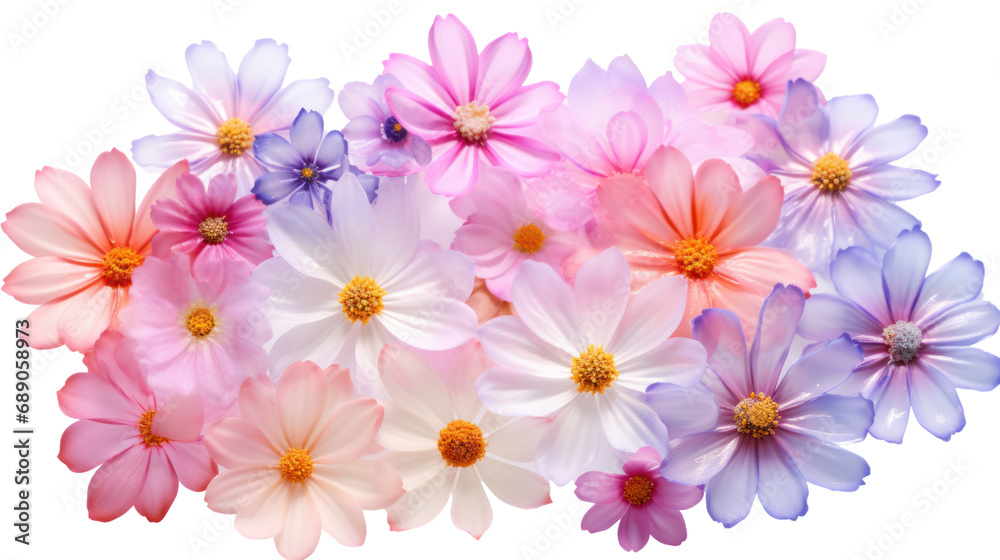 Bright, beautiful, transparent flowers. Set of airy, soft, luxurious petals. Small, lively flowers. Isolated on transparent background, PNG file.