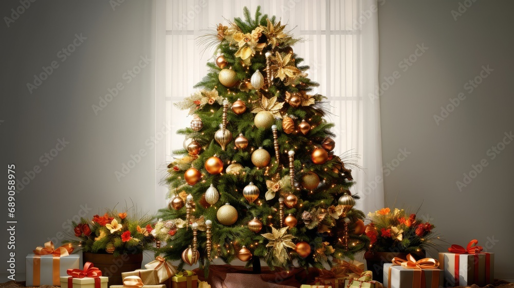 An elegant Christmas tree with gift boxes in the living room. New Year's card, Christmas.