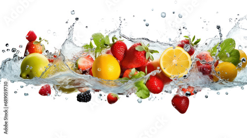 Various fruits and vegetables falling into water isolated on transparent background. PNG file.