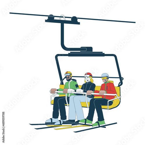 Skiing warm clothing people on chairlift 2D linear cartoon characters. Elevator skiers isolated line vector people white background. Winter sportsmen diverse color flat spot illustration