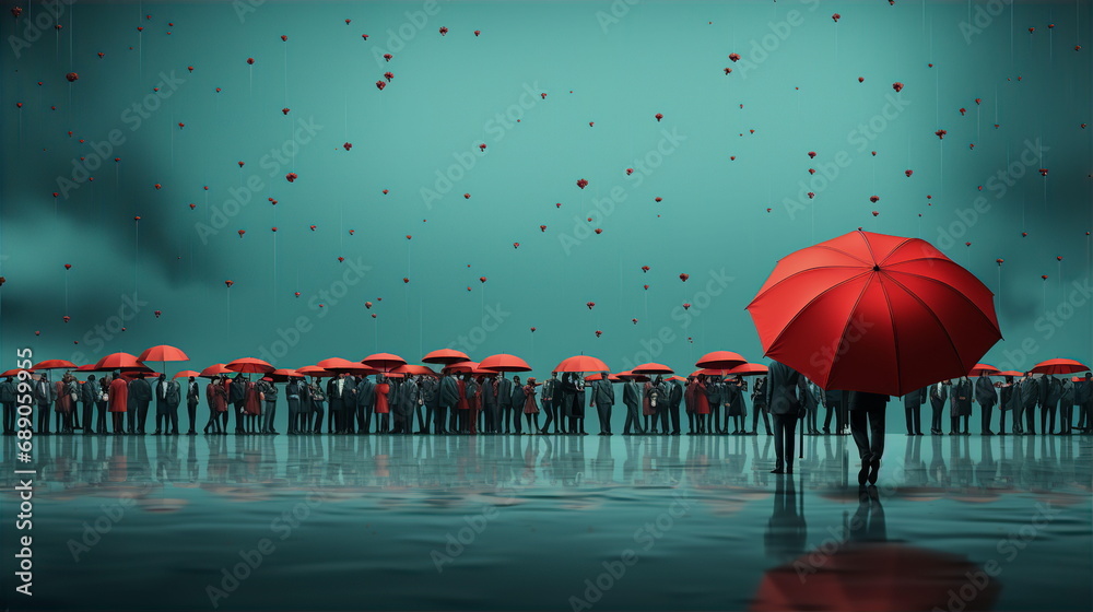Many people standing with red umbrellas in rain in autumn. Health and life insurance concept. AI generated
