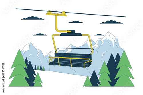 Ski lift chair in forest mountains line cartoon flat illustration. Chairlift at ski resort 2D lineart landscape isolated on white background. Elevator cableway woodland scene vector color image