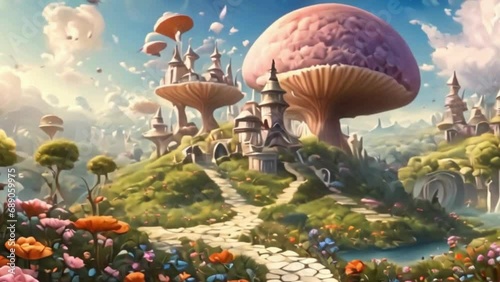 wonderland with big mushrooms, digital art photo