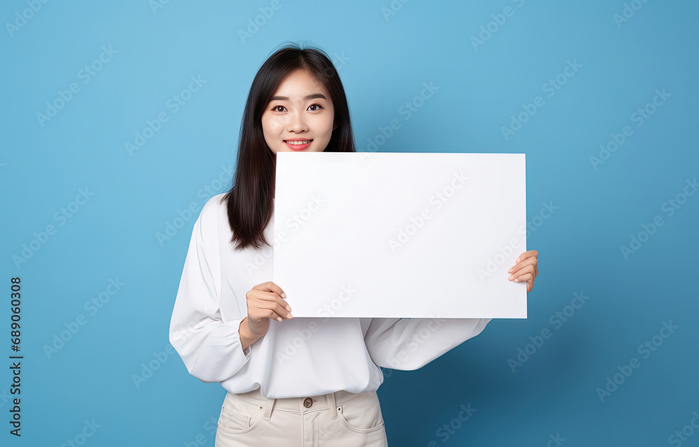 smiling Asian woman hold empty blank white paper, mockup poster and sign idea, Generative Ai smiling Asian woman hold empty blank white paper, mockup poster and sign idea, Generative Ai