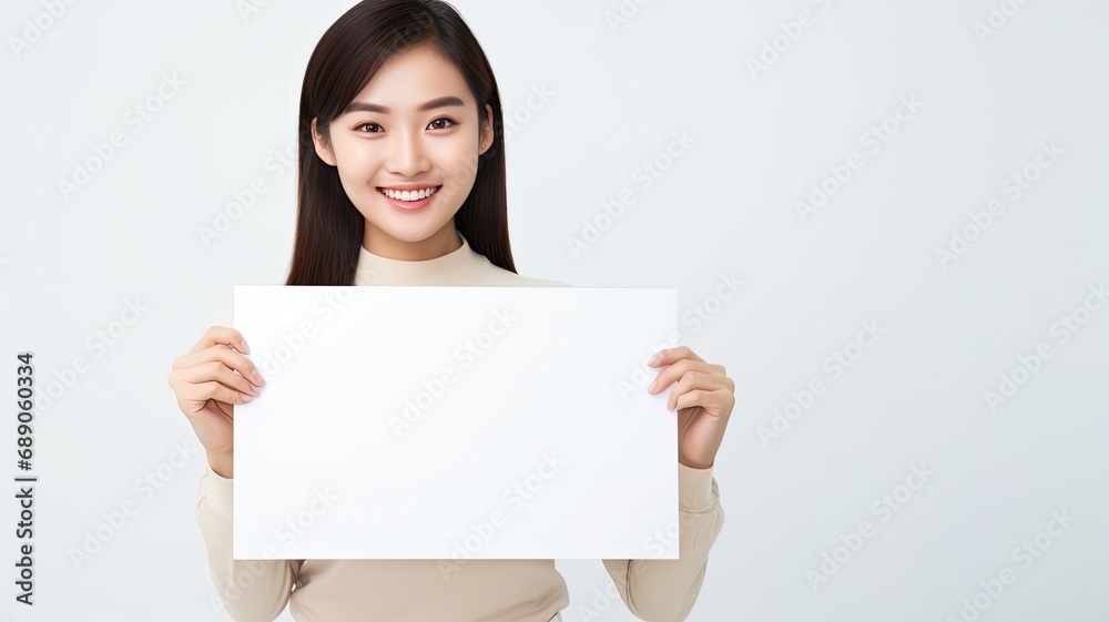 smiling Asian woman hold empty blank white paper, mockup poster and sign idea, Generative Ai smiling Asian woman hold empty blank white paper, mockup poster and sign idea, Generative Ai