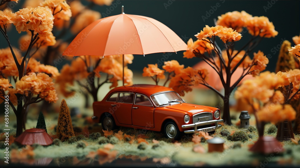 Orange retro car standing under umbrella near trees in autumn. Car insurance concept. AI generated