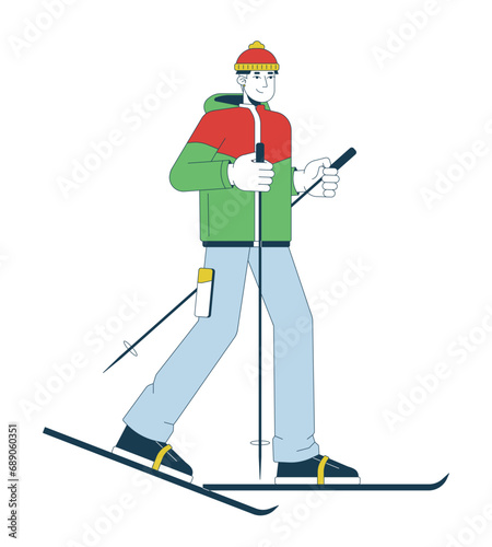 Asian young adult man skier using ski poles 2D linear cartoon character. Backcountry skiing korean male isolated line vector person white background. Active lifestyle color flat spot illustration