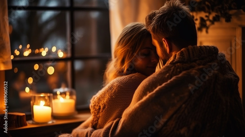 Lovely couple hugs near fireplace. Cozy evening. Romantic concept. Generative AI