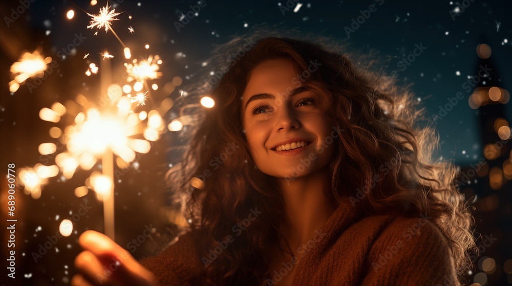 Cheerful young woman holding sparkler in hand outdoor, Closeup of beautiful woman holding a sparkling stick at party night, Girl celebrating new year’s eve and christmas holidays, generative ai Cheerful young woman holding sparkler in hand outdoor, Closeup of beautiful woman holding a sparkling stick at party night, Girl celebrating new year’s eve and christmas holidays, generative ai