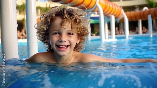 Portrait of a happy little boy in pool. The boy swims in the pool after going down the water slide in summer © Stavros