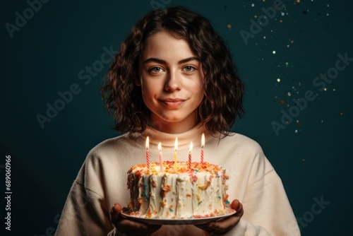 The girl smiles and holds a cake in her hands. holiday birthday
