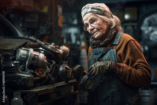 Engineer old woman car motor assembly shop. Service mechanic. Generate AI © juliars