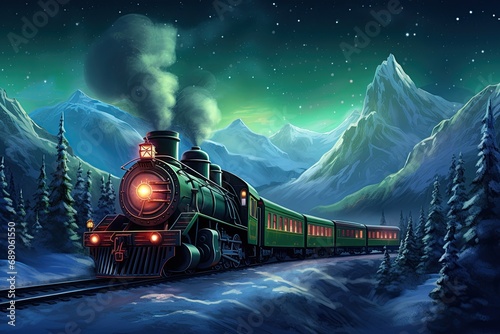 Christmas train drives through North Pole. 1800s steam locomotive in winter Landscape. Generative AI photo