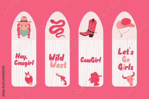 Wild west cowgirl style bookmarks, stickers with inscriptions