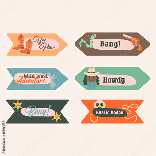 Wild west bookmarks, stickers with lettering in flat design