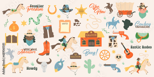 Wild west set. Western elements. Flat design set with cowboy boots handgun saloon signboard cow skull cactus lasso