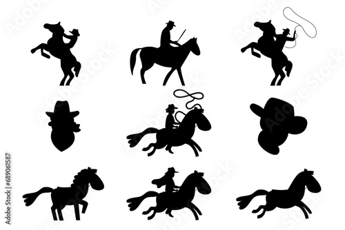 A set of silhouettes of a cowboy on a horse. Wild West