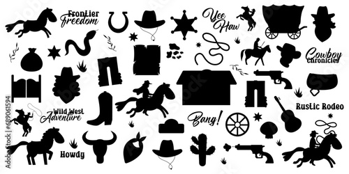 Wild west silhouette set. Western elements. Flat design set with cowboy boots handgun saloon signboard cow