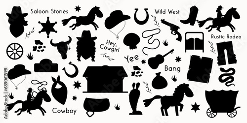 Wild west silhouette set. Western Flat design set with cowboy boots saloon cow skull lasso