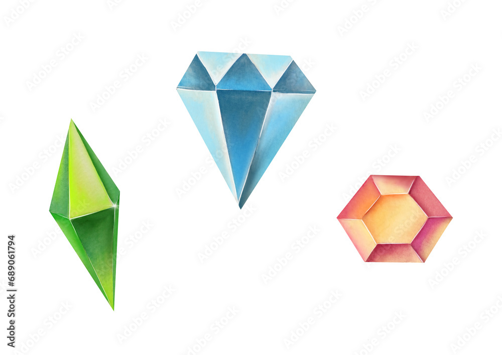 watercolor clip art, cutout gemstones illustration isolated on transparent background. green octahedron, diamond, ruby jewels set. chakra stones, healing crystals, talismans for magical staff, amulets watercolor clip art, cutout gemstones illustration isolated on transparent background. green octahedron, diamond, ruby jewels set. chakra stones, healing crystals, talismans for magical staff, amulets