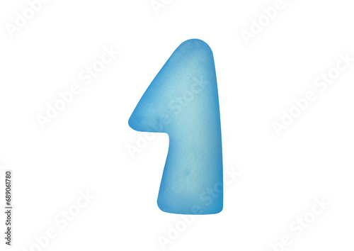 cut out Watercolor one big blue digit one 1 isolated on transparent background. clip art cute symbols of children age for happy birthday cards. Learning numeracy, numbers, mathematics for kids photo