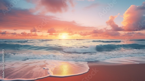 A breathtaking sunset over a serene beach, with the sky ablaze in warm hues and gentle waves washing ashore photo