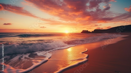 A breathtaking sunset over a serene beach  with the sky ablaze in warm hues and gentle waves washing ashore