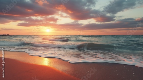 A breathtaking sunset over a serene beach, with the sky ablaze in warm hues and gentle waves washing ashore