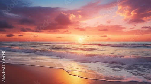 A breathtaking sunset over a serene beach, with the sky ablaze in warm hues and gentle waves washing ashore