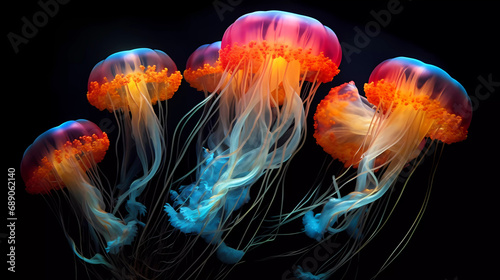 Jellyfish. Five Beatiful Deep Sea Jellyfish. Colorful Ocean Jellyfish In The Dark. Generative AI.