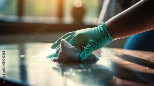 A close-up of hands meticulously cleaning a glass surface with a microfiber cloth, spray bottle in hand
