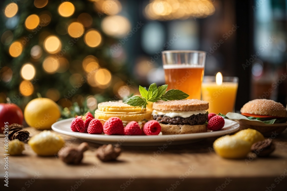 Food and drink against a festive restaurants bokeh background.