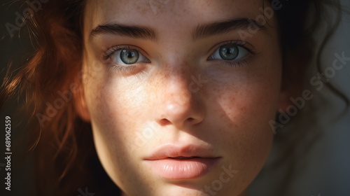 Beauty, portrait and natural face of woman with healthy freckle skin texture touch. Aesthetic, facial and skincare cosmetic model girl touching cheeks for self love and wellness, generative ai © OP38Studio