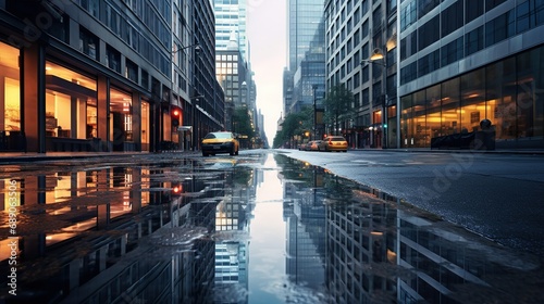 A hyper-detailed portrayal of a business district during a rainy day, with reflections bouncing off the wet pavement © LaxmiOwl