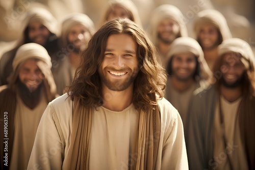 Smiling happy Jesus Christ with his apostles and disciples.