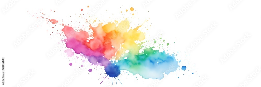 Colorful paint splash on white background banner. Abstract watercolor rainbow colors splash on white.