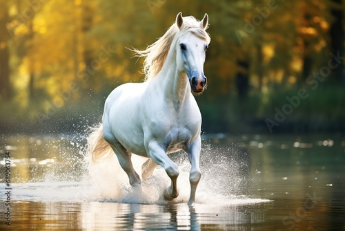 A beautiful amazing white horse runs on the water. Mystical portrait of an elegant stallion. Reflection of a white horse in the water