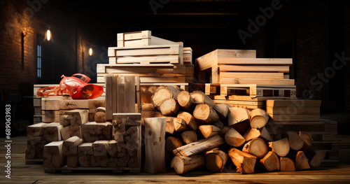 A stacked up pile of wood boards in a warehouse. A pile of wood sitting on top of a wooden floor