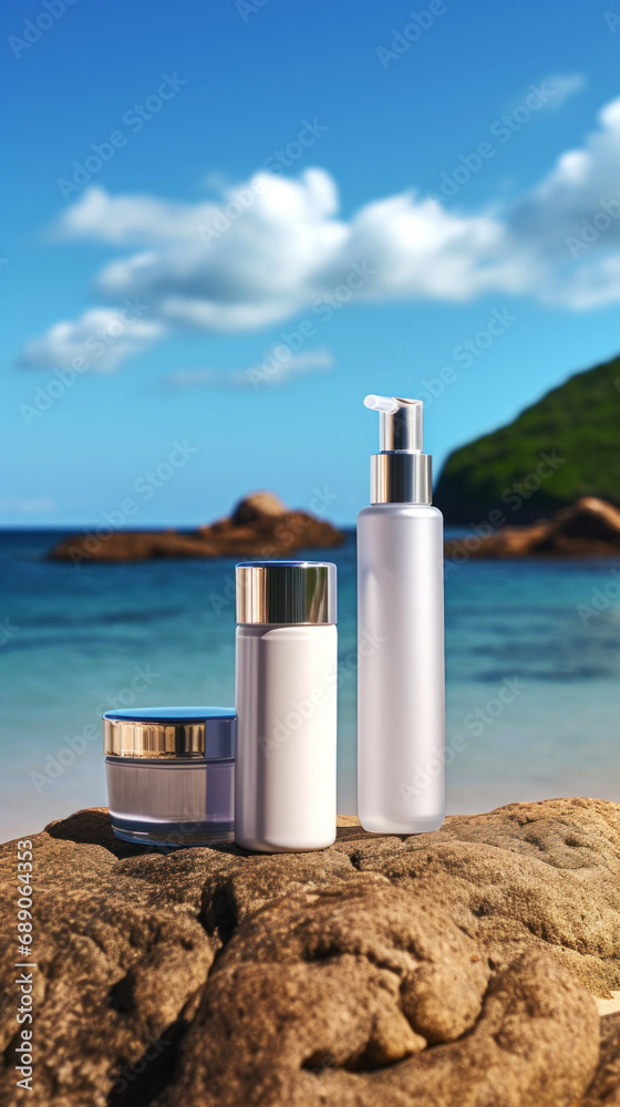 Cosmetic bottles on the stone with a blurred sea backdrop.Natural organic cosmetic mock up. Generative AI. Cosmetic bottles on the stone with a blurred sea backdrop.Natural organic cosmetic mock up. Generative AI.