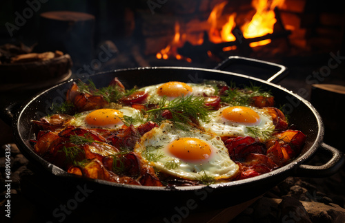 Bacon and eggs atop skillet next to campfire. A skillet filled with eggs on top of a stove